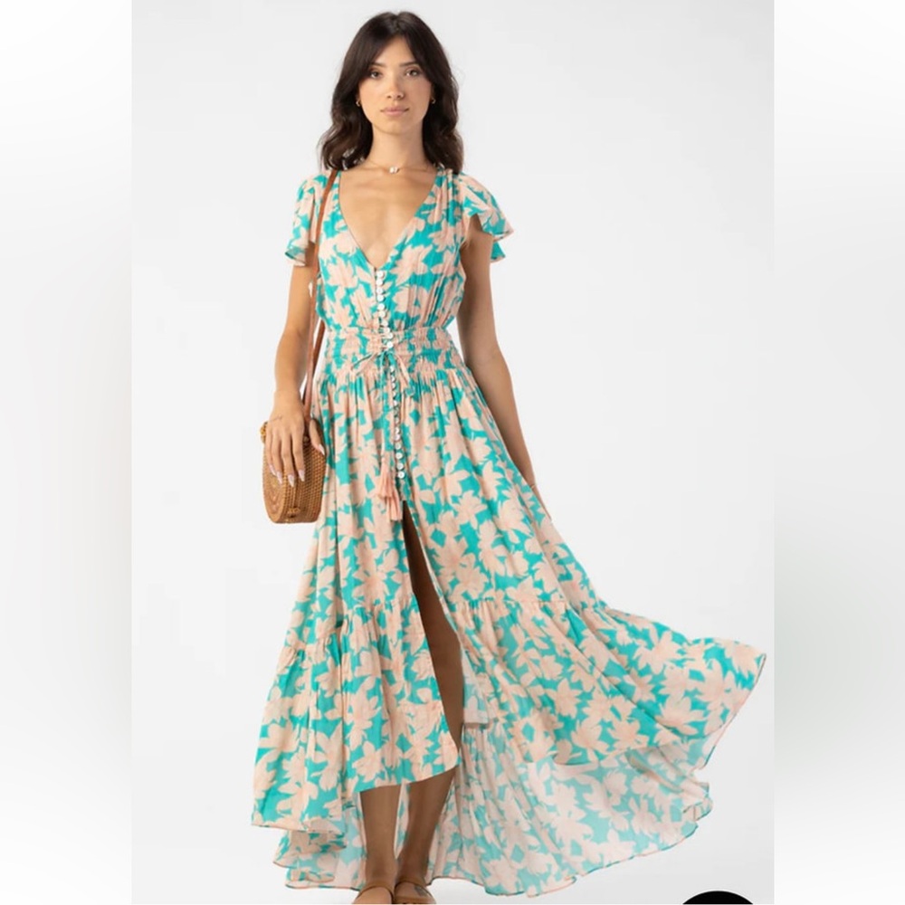 Tiare Hawaii Floral Maxi Dress in Teal and Cream